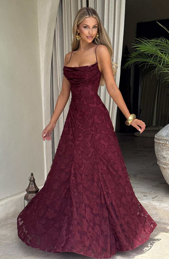Damen Maxikleid mit Wasserfallausschnitt Spaghettiträgern Blumenmuster und Schnürung am Rücken