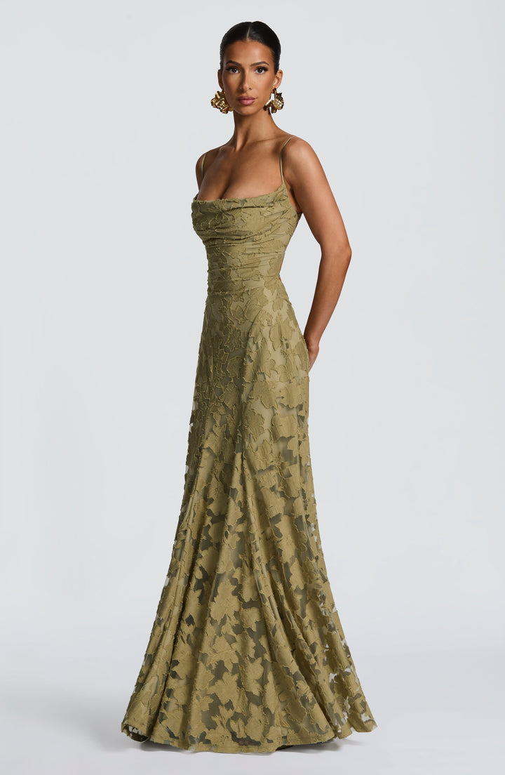 Damen Maxikleid mit Wasserfallausschnitt Spaghettiträgern Blumenmuster und Schnürung am Rücken