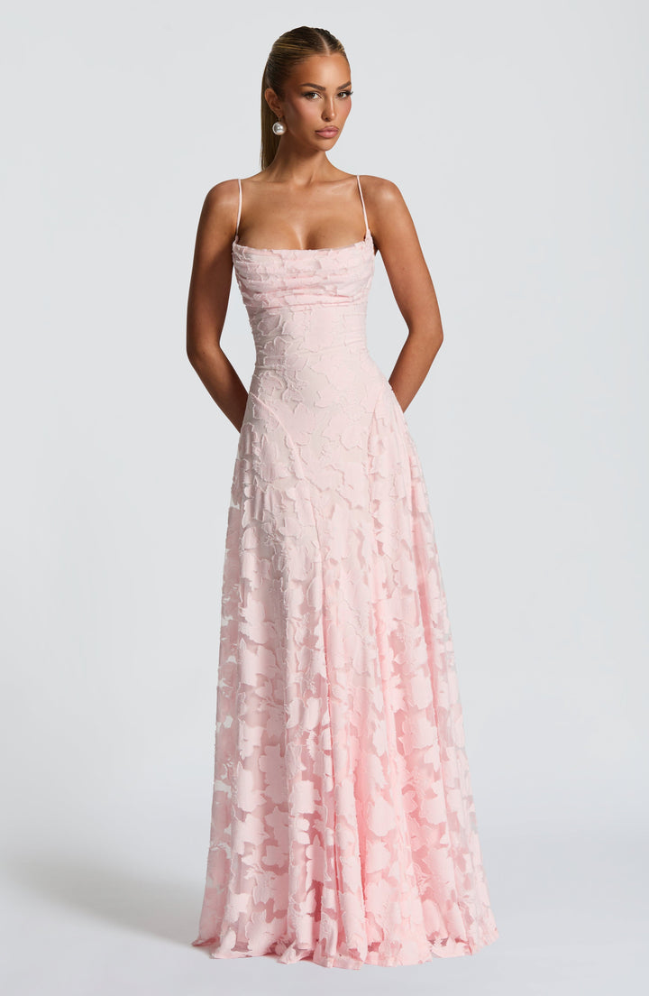 Damen Maxikleid mit Wasserfallausschnitt Spaghettiträgern Blumenmuster und Schnürung am Rücken