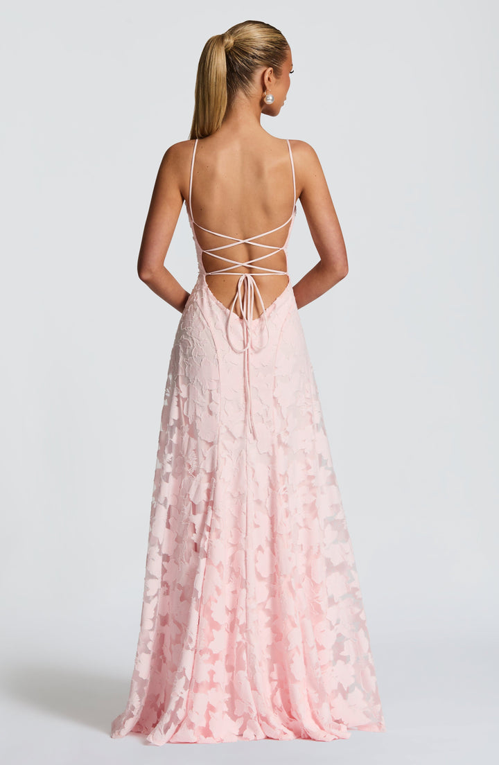 Damen Maxikleid mit Wasserfallausschnitt Spaghettiträgern Blumenmuster und Schnürung am Rücken