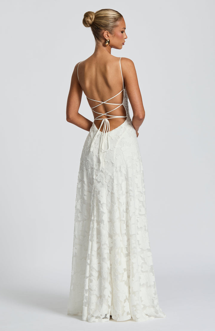 Damen Maxikleid mit Wasserfallausschnitt Spaghettiträgern Blumenmuster und Schnürung am Rücken
