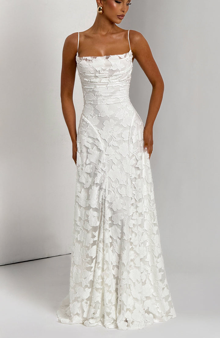 Damen Maxikleid mit Wasserfallausschnitt Spaghettiträgern Blumenmuster und Schnürung am Rücken