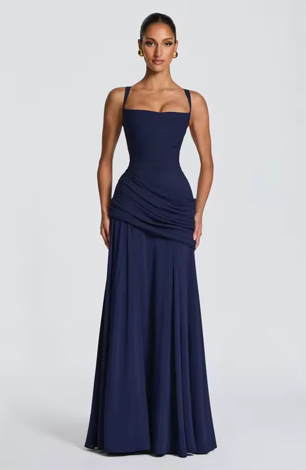 Dames maxi-jurk met sweetheart-halslijn en asymmetrische plooiing