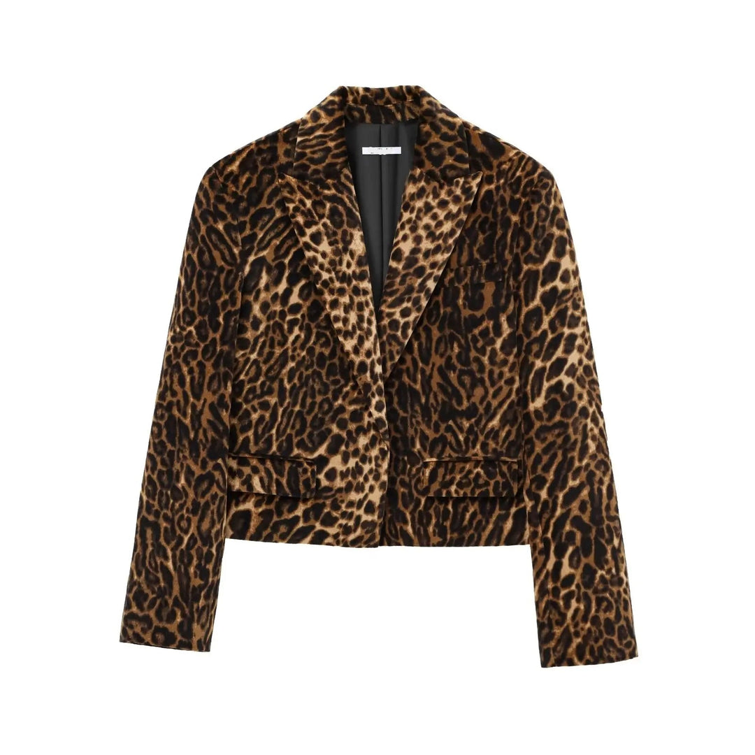 Dames set met luipaardprint, bestaande uit een cropped blazer met revers en een minirok
