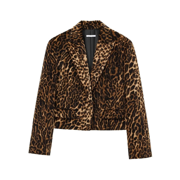 Dames set met luipaardprint, bestaande uit een cropped blazer met revers en een minirok