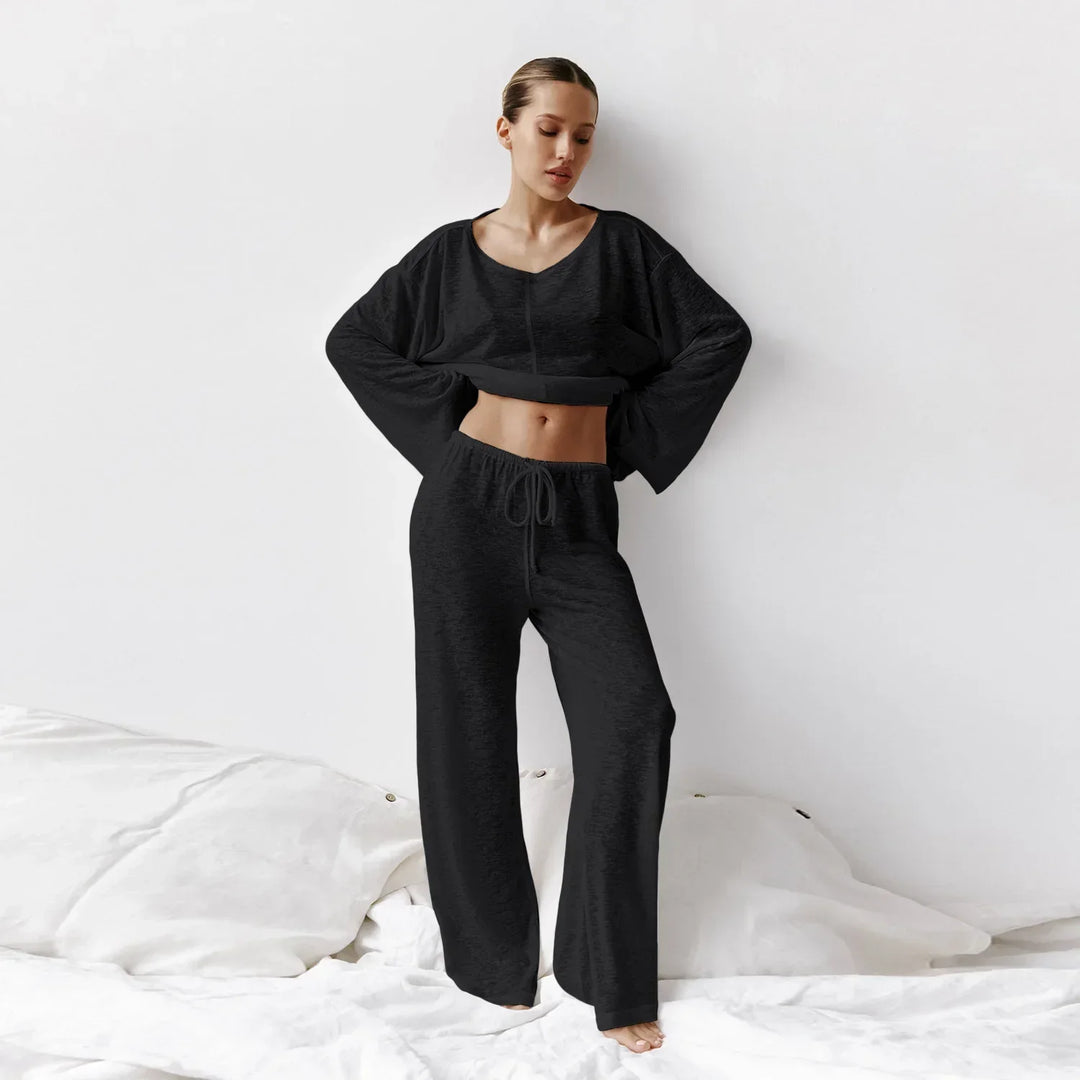 Damen Loungewear-Set mit langärmligem Oberteil Rundhalsausschnitt und weiter Hose