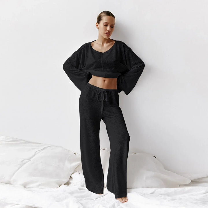 Damen Loungewear-Set mit langärmligem Oberteil Rundhalsausschnitt und weiter Hose