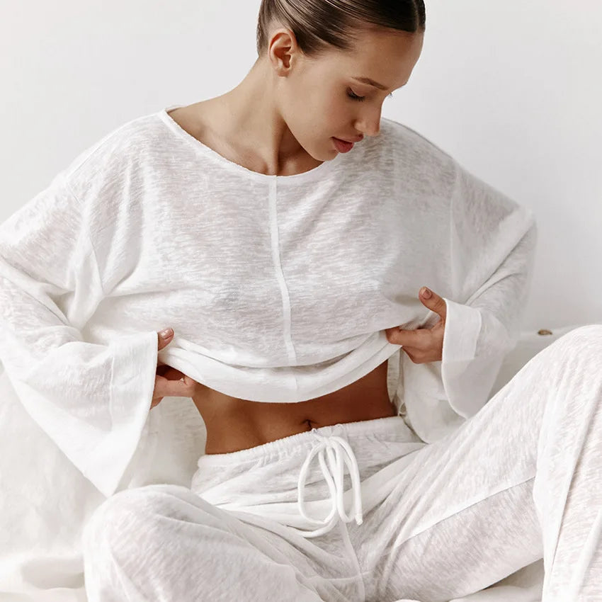 Damen Loungewear-Set mit langärmligem Oberteil Rundhalsausschnitt und weiter Hose