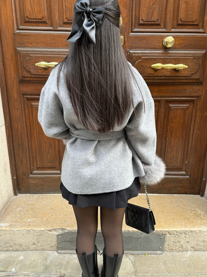 Damen Mantel mit Schalkragen, Bindegürtel, Plüschmanschetten und Offener Front