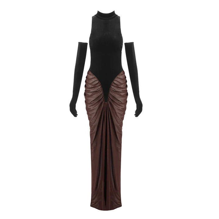Dames maxi-jurk met mouwloze top en tweekleurige rok met ruches