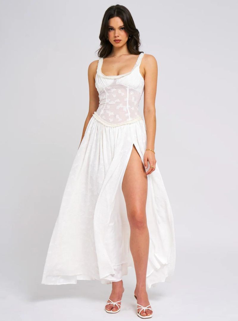 Maxi-jurk voor dames met brede bandjes, geplooid lijfje en hoge split