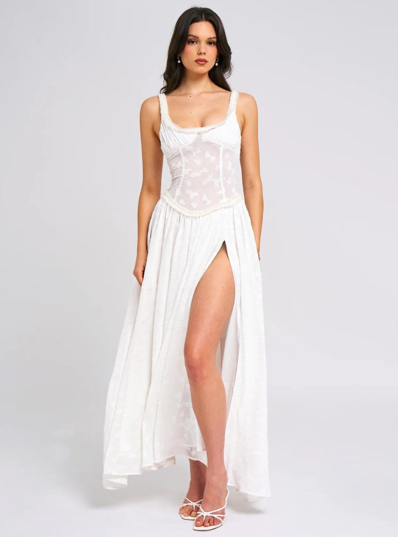 Maxi-jurk voor dames met brede bandjes, geplooid lijfje en hoge split