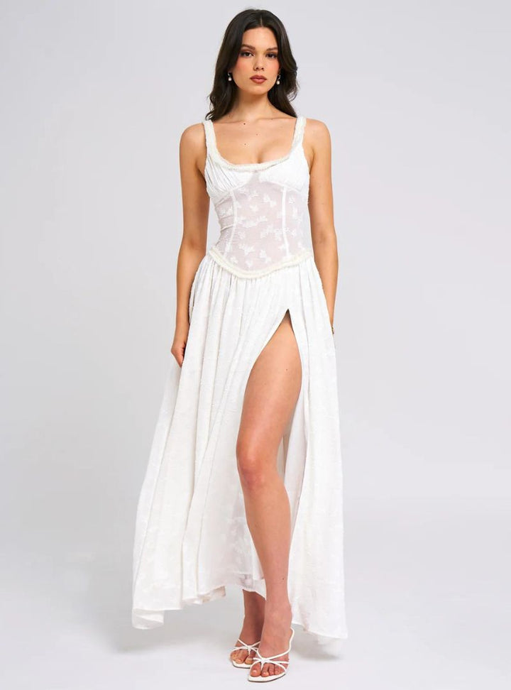 Maxi-jurk voor dames met brede bandjes, geplooid lijfje en hoge split