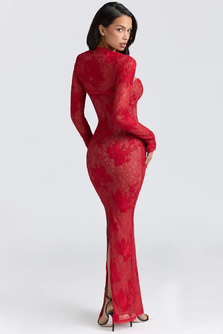 Dames maxi-jurk met sweetheart-halslijn, afneembare lange mouwen en bloemenkantpatroon