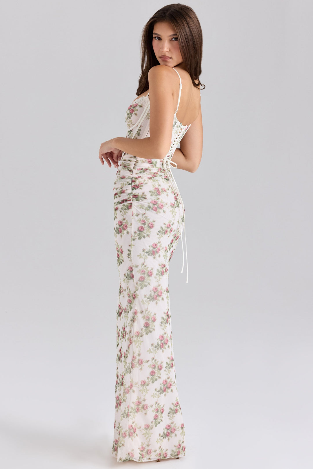 Dames maxi-jurk met sweetheart-halslijn, spaghettibandjes, striksluiting en bloemenprint