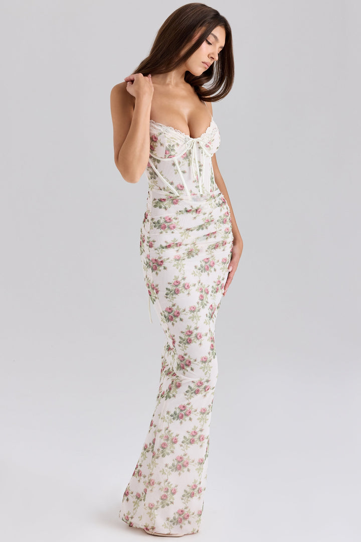 Dames maxi-jurk met sweetheart-halslijn, spaghettibandjes, striksluiting en bloemenprint