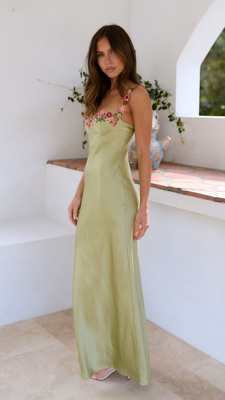 Dames maxi-jurk met sweetheart-halslijn en bloemenapplicatie op het decolleté met ritssluiting aan de achterkant