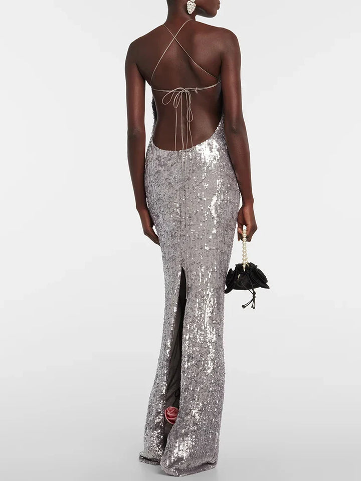 Dames maxi-jurk met halterhals, rozetapplicatie en paillettenversiering