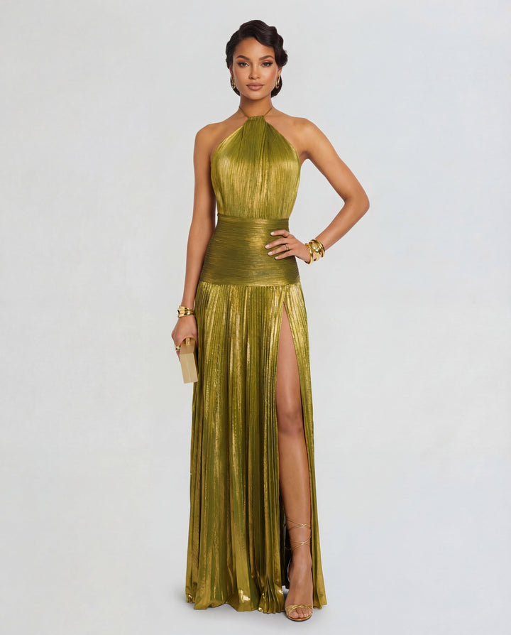 Dames maxi-jurk met halterhals en beensplit