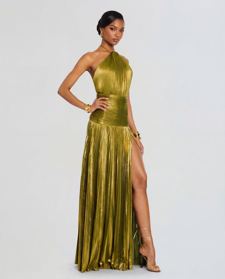 Dames maxi-jurk met halterhals en beensplit