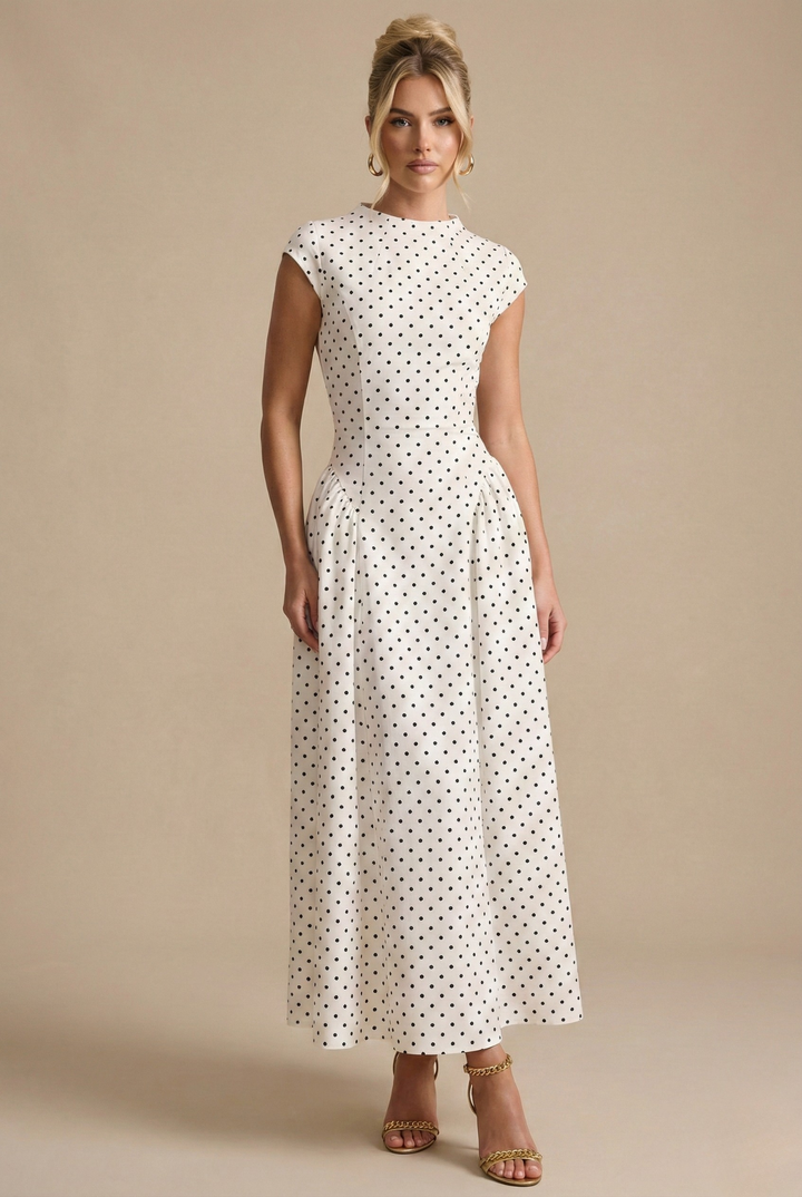 Dames maxi-jurk met ronde hals en polkadotprint
