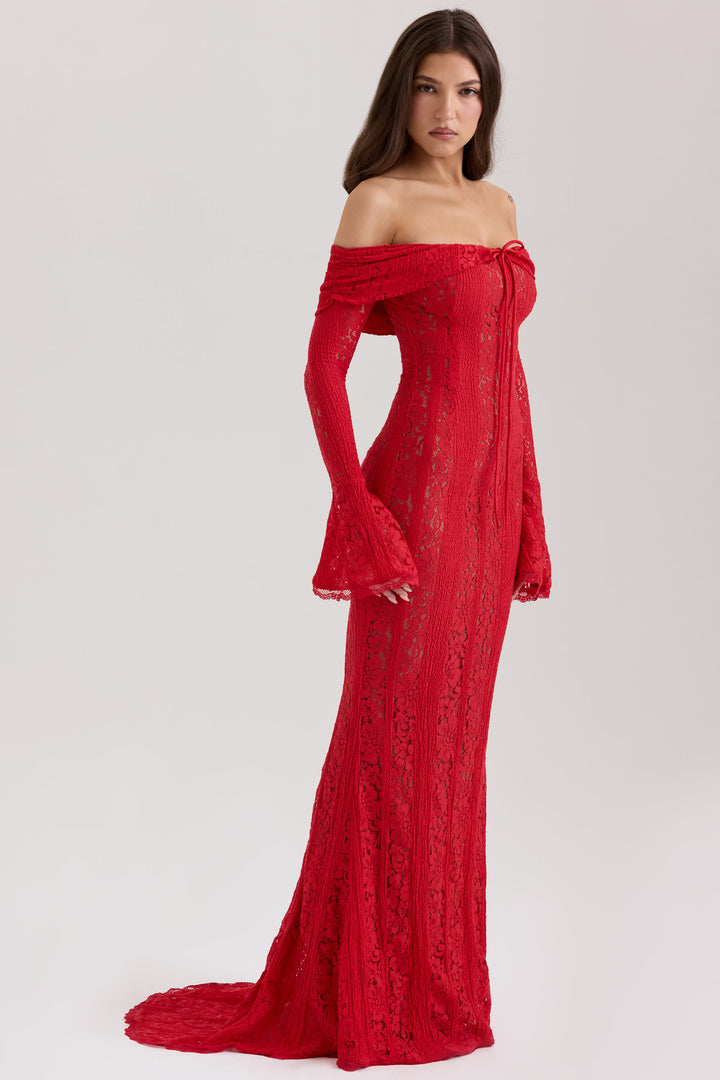 Maxi-jurk voor dames met off-shoulderhalslijn, lange trompetmouwen en striksluiting bij de hals