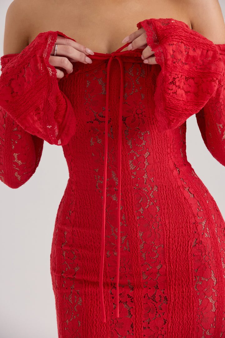 Maxi-jurk voor dames met off-shoulderhalslijn, lange trompetmouwen en striksluiting bij de hals