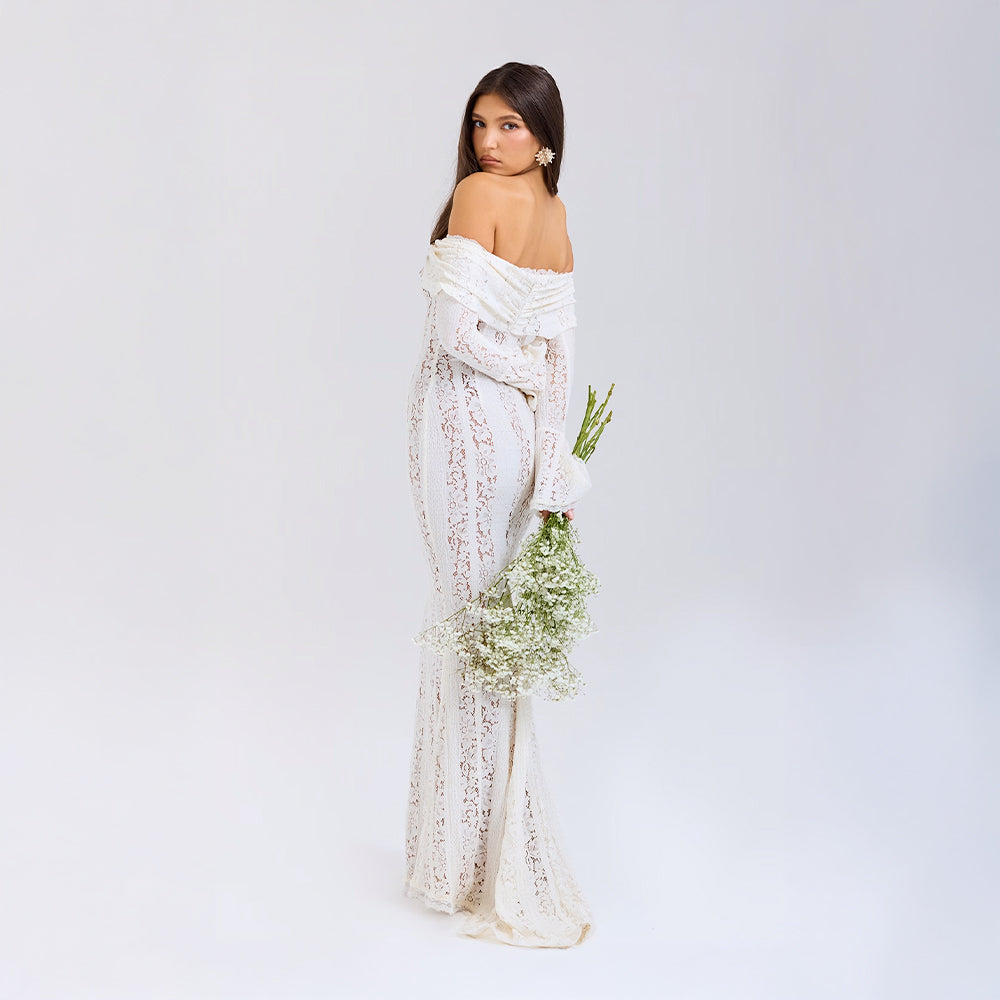 Maxi-jurk voor dames met off-shoulderhalslijn, lange trompetmouwen en striksluiting bij de hals