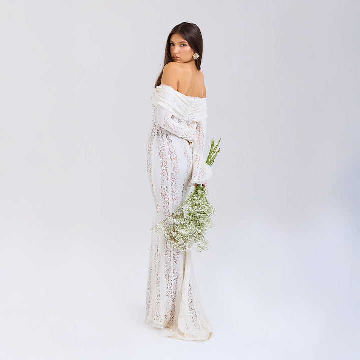 Maxi-jurk voor dames met off-shoulderhalslijn, lange trompetmouwen en striksluiting bij de hals