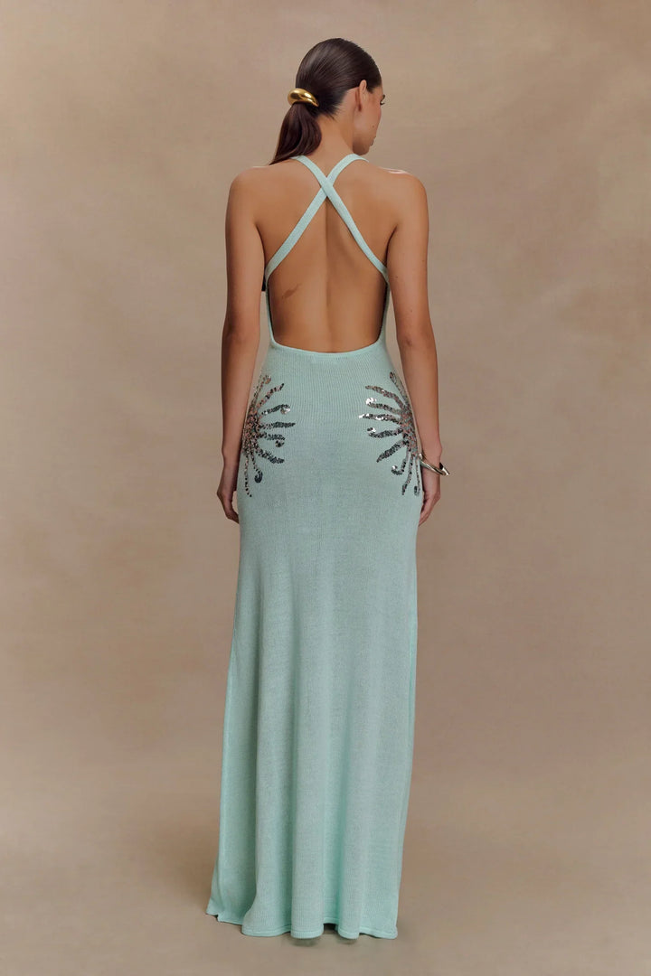 Dames maxijurk met diepe V-hals en paillettenapplicaties aan de zijkanten