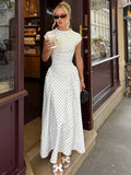 Damen Maxi Kleid mit Tupfenmuster Kappärmeln und ohne Verschluss