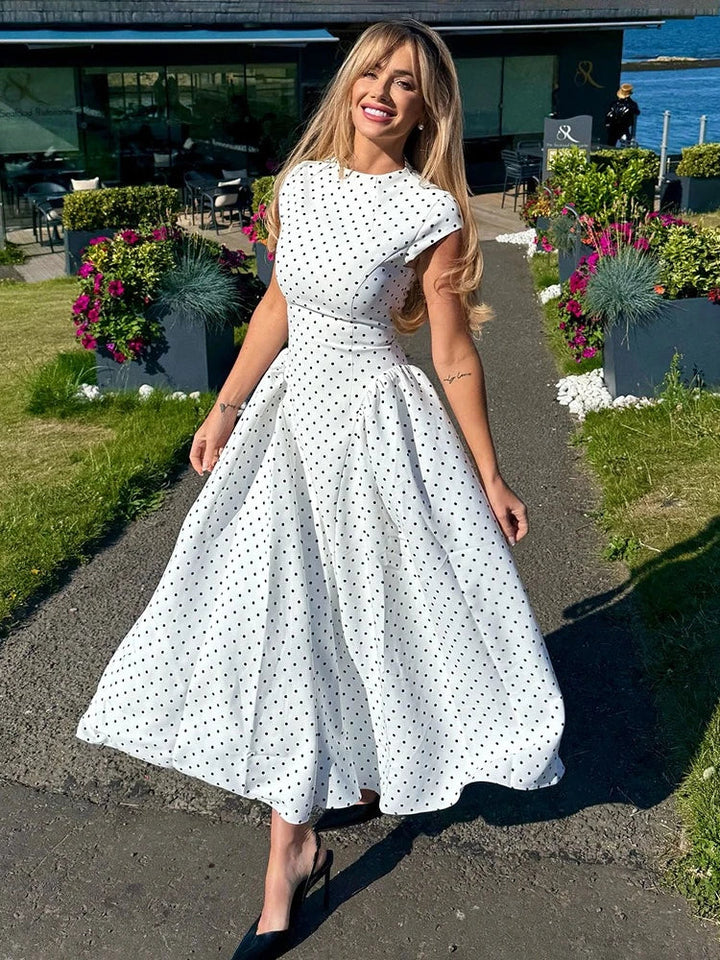 Dames maxi-jurk met stippenprint, kapmouwtjes en zonder sluiting