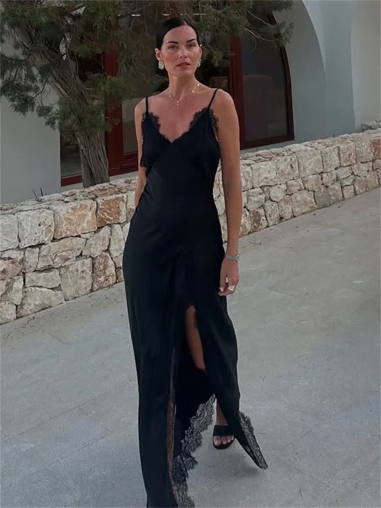 Dames maxi-jurk met V-hals, kanten rand en zijsplit