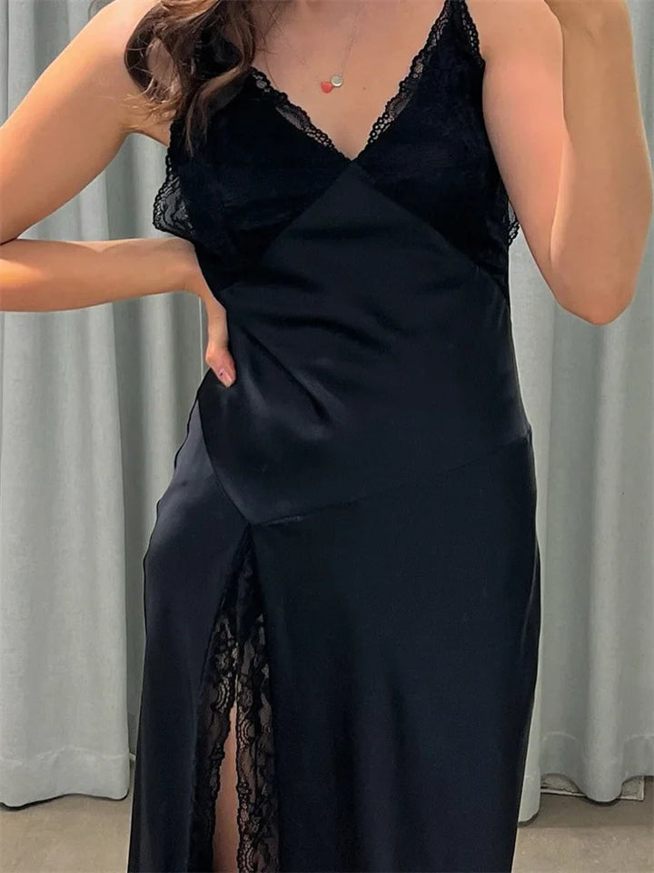 Dames maxi-jurk met V-hals, kanten rand en zijsplit