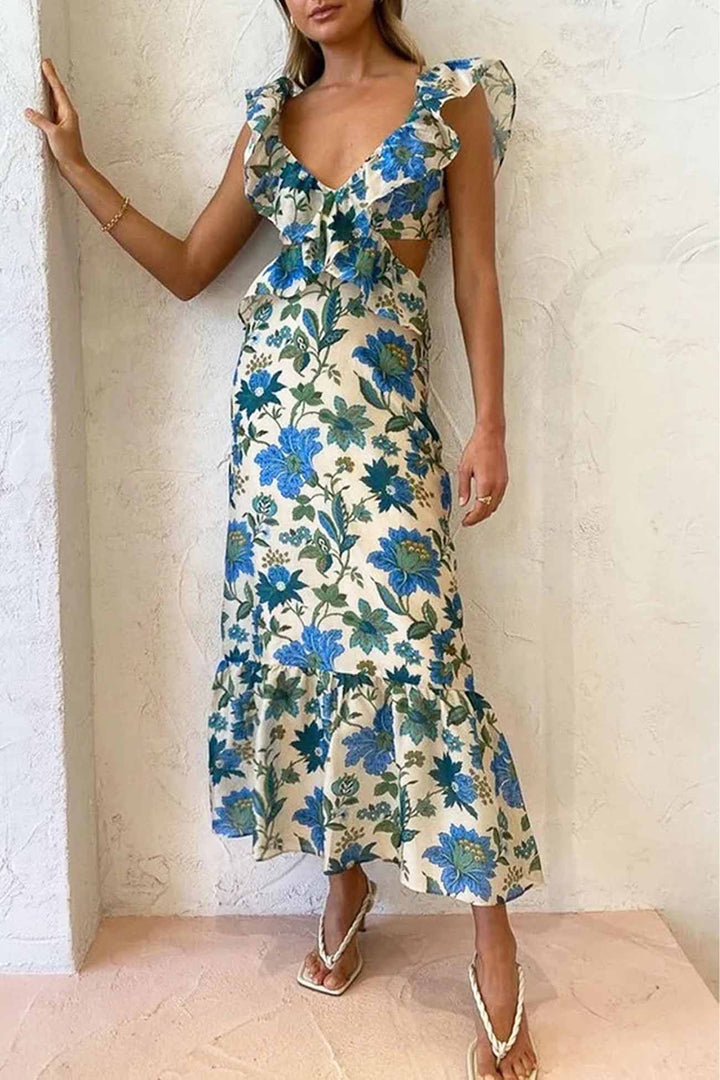 Maxi-jurk voor dames met V-hals en ruchesbandjes met zijdelingse cut-outs en striksluiting aan de achterkant
