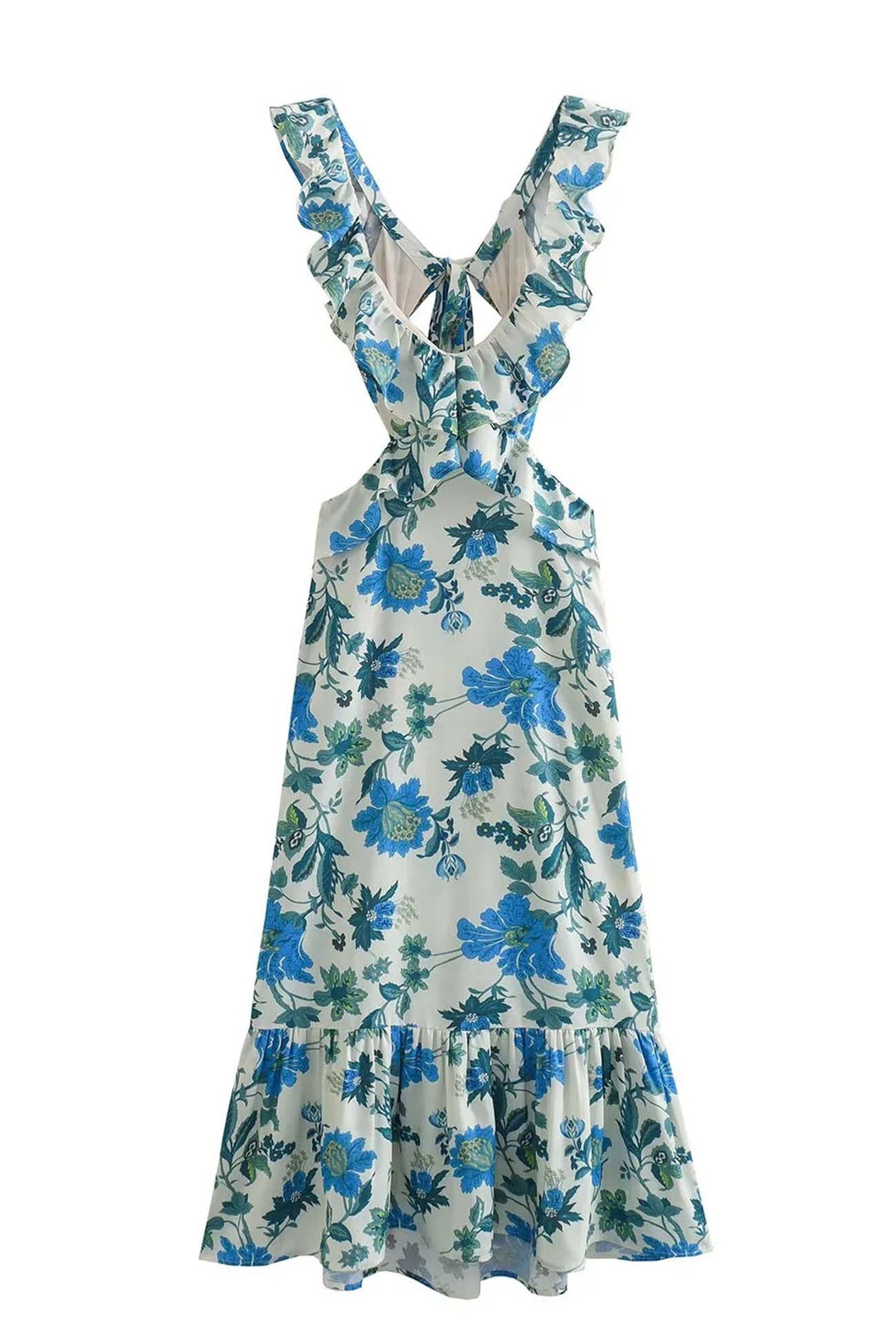 Maxi-jurk voor dames met V-hals en ruchesbandjes met zijdelingse cut-outs en striksluiting aan de achterkant