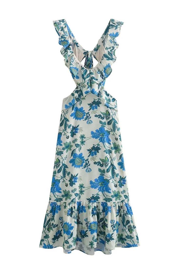 Maxi-jurk voor dames met V-hals en ruchesbandjes met zijdelingse cut-outs en striksluiting aan de achterkant