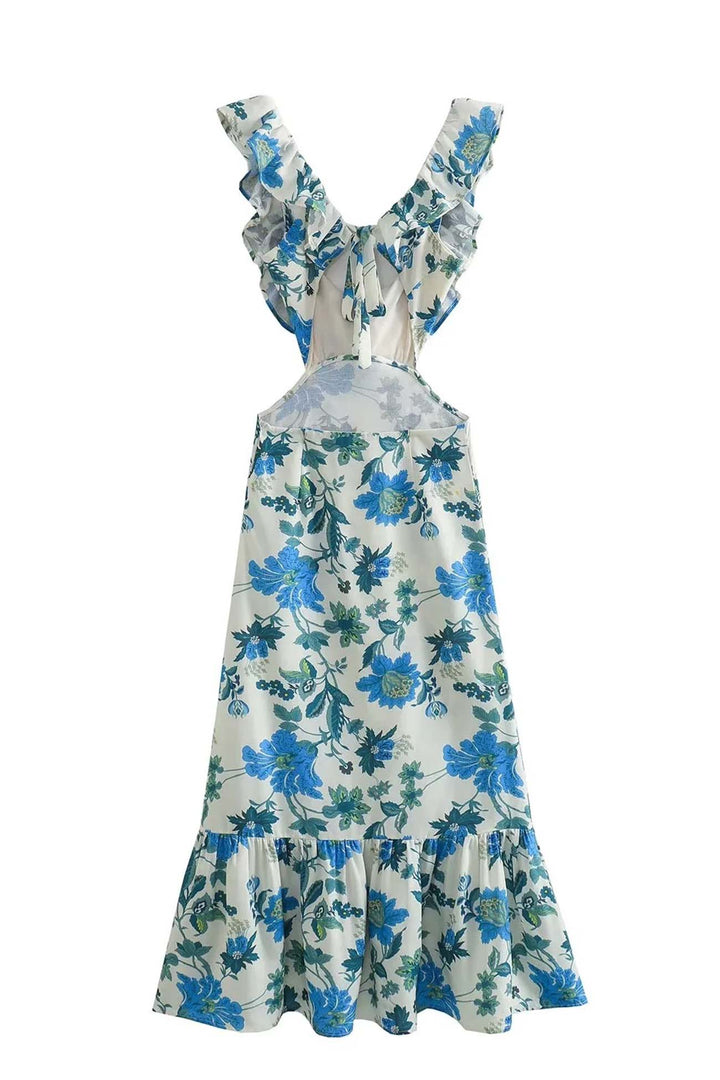 Maxi-jurk voor dames met V-hals en ruchesbandjes met zijdelingse cut-outs en striksluiting aan de achterkant