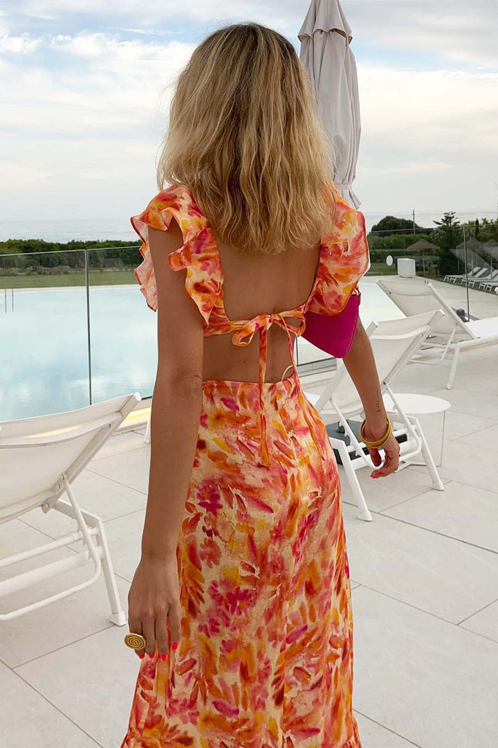 Maxi-jurk voor dames met V-hals en ruchesbandjes met zijdelingse cut-outs en striksluiting aan de achterkant