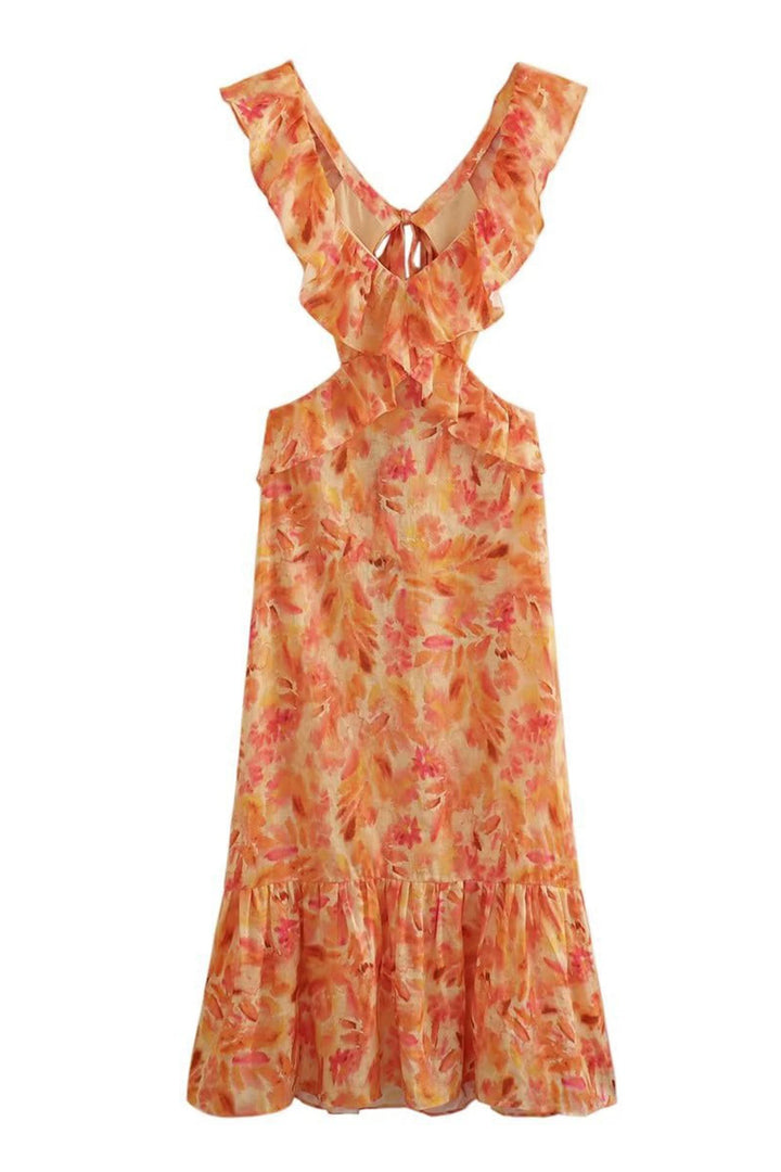 Maxi-jurk voor dames met V-hals en ruchesbandjes met zijdelingse cut-outs en striksluiting aan de achterkant