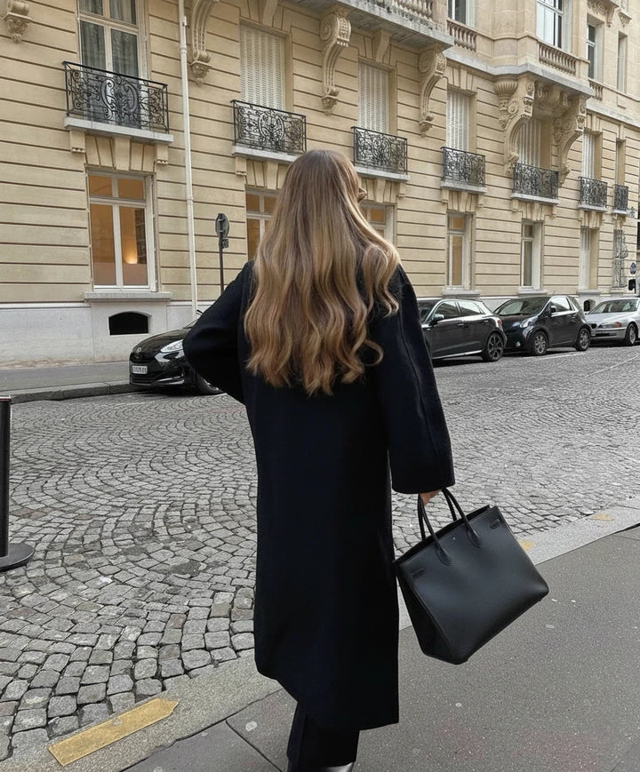 Dames maxi-jas met reverskraag en dubbele knoopsluiting