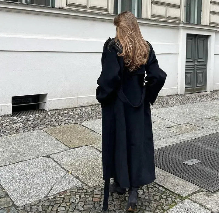 Damen Maxi-Mantel mit zweireihigem Knopfverschluss und Gürtel