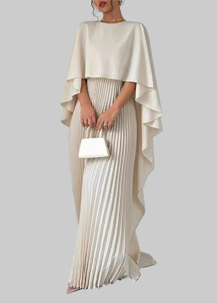 Dames maxi-jurk met asymmetrische cape-overlay, plissérok en ronde hals
