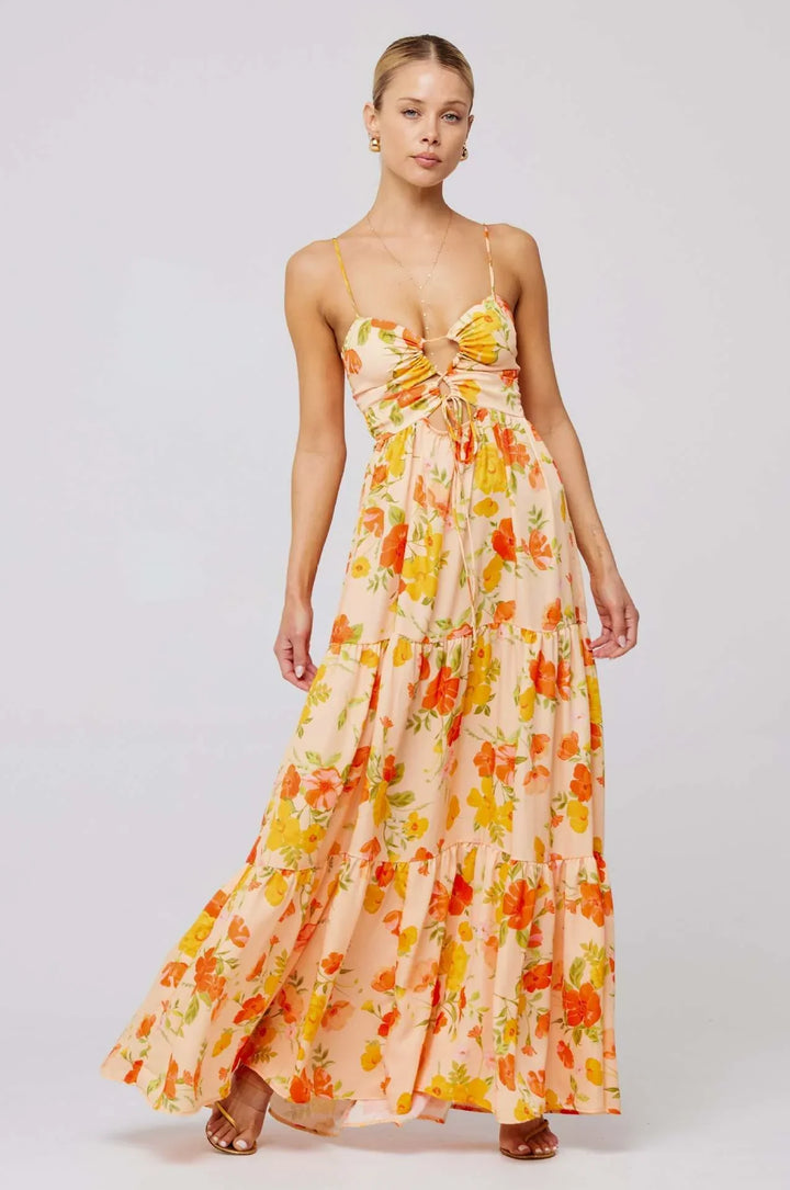 Dames maxi-jurk met bloemenprint en uitsparingen, gelaagde rok en spaghettibandjes