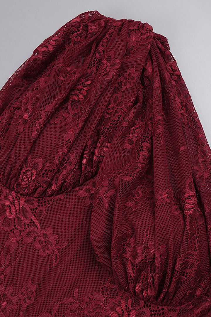 Dames maxi-jurk met één schouder, kanten patroon en geplooide rok