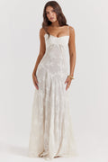 Damen Maxikleid mit Eingewebten Motiven Spaghettiträgern Herzausschnitt und Sichtbaren Nähten