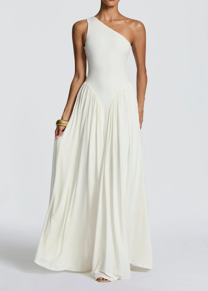 Dames maxi-jurk met one shoulder halslijn en geplooide panelen bij de taille