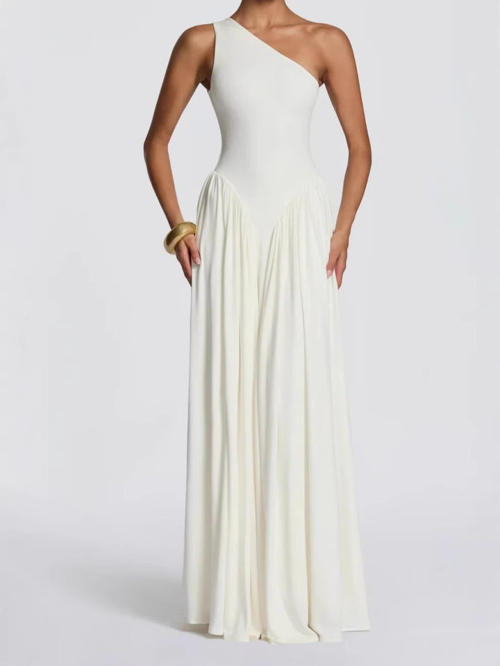 Dames maxi-jurk met one shoulder halslijn en geplooide panelen bij de taille