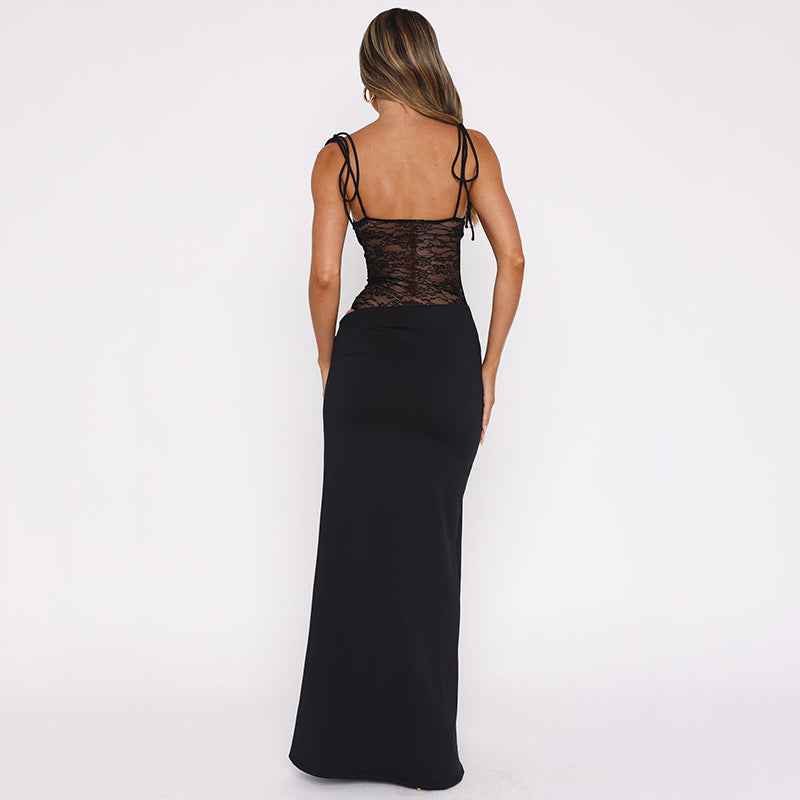 Dames maxi-jurk met rechte halslijn en dubbele spaghettibandjes met bloemenkantinzetstuk