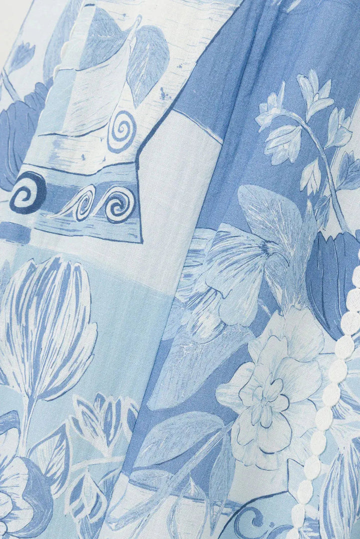 Dames maxijurk met rechte halslijn en smalle bandjes met sierbies en illustratief printpatroon